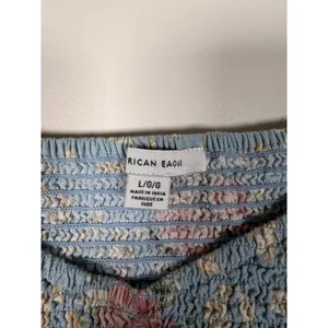 American Eagle Blue Floral Smocked Square‎ Neck Cropped Blouse Top Size L thumbnail 3