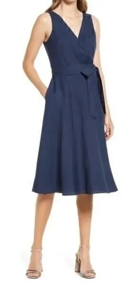 Eliza J Navy Blue Linen Blend Sleeveless V-neck‎ Fit And Flare Dress Size 2 NWT thumbnail 1