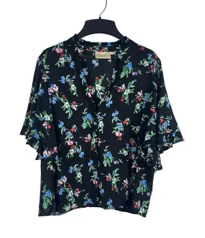 Maeve Anthropologie Dark Floral Butterfly Ruffle Short Sleeve Top Button Front S thumbnail 1