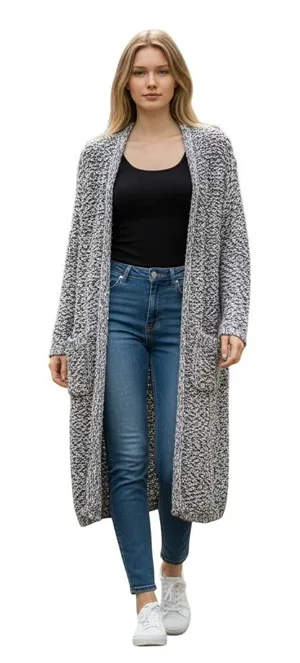 Poof Apparel Cardigan Womens Medium Grey White Hooded‎ Longline Textured Pocket thumbnail 1