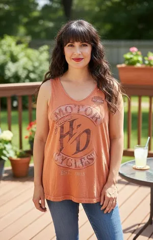 Women's Harley-Davidson Orange Brown Graphic V-Neck Tank Top m thumbnail 1