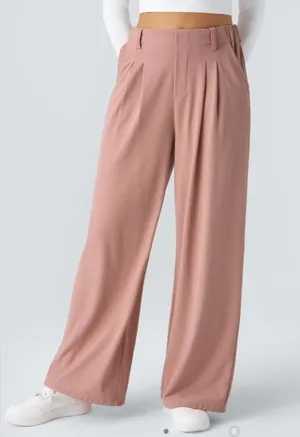 Halara High Waisted Plicated Side Pocket Wide Leg Waffle Work Pants Pink Small thumbnail 1