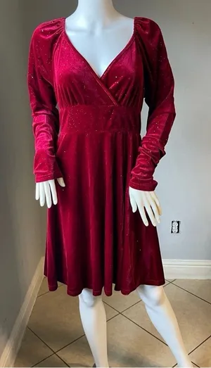 Velvet Wrap-Style Long Sleeve Dress in Deep Wine thumbnail 1