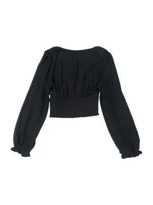 Wilfred Aritzia Wistful Blouse Black Size M Smocked V Neck Sheer Sleeve thumbnail 2