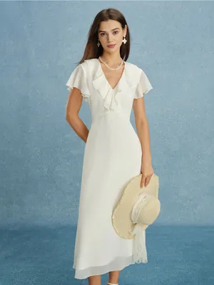 Rihoas Apricot V Neck Ruffle Chiffon Midi Dress thumbnail 4