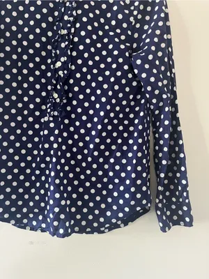 J Crew Navy Blue Polka Dot Ruffle Button Up Top XS 100% Cotton Office Preppy thumbnail 4
