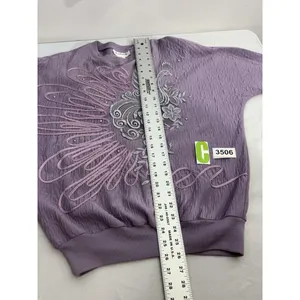 Womans Rafael Medium Purple Textured Embroidered Long Sleeve Pullover Sweatshirt thumbnail 6