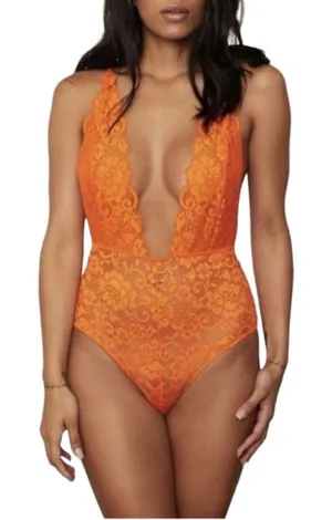 FREE PEOPLE X HAH Lace Bodysuit Sz S Burn Orange Feminine Party Resort Boho NWT thumbnail 1
