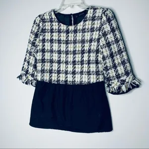 Zara Tweed Houndstooth Peplum Top Fringe Trim Contrast Blouse XS EUC thumbnail 4
