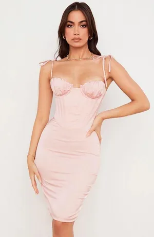 House Of CB Alma corset Silk Dress Small In Blush thumbnail 1