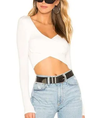 Superdown White Wrap Crop Top XL Cotton Long Sleeve Plunging Matilda Revolve NEW thumbnail 1