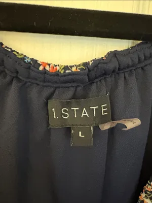 1.STATE Floral Off-Shoulder Ruffle Sleeve Blouse Navy Blue Pink Size L Cottage thumbnail 2