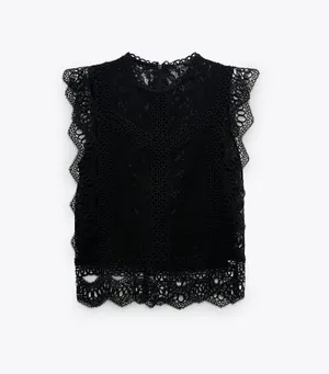 ZARA Black Semi Sheer Lace Top Blouse thumbnail 3