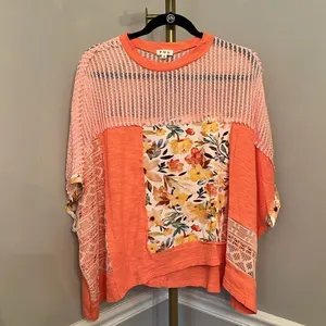 POL NEW Hollow Out Floral Half Sleeve Knit Top in coral - small thumbnail 4