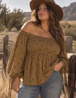 Smocked Off The Shoulder Top Blouse Womens 2X Brown Floral Cotton Cottagecore thumbnail 1