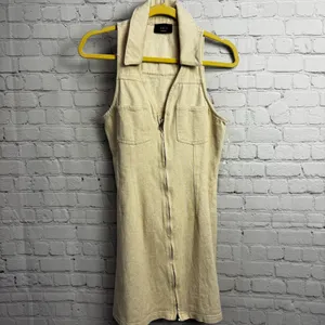 Vici neutral beige safari zip up sleeveless mini dress medium bodycon retro chic thumbnail 2