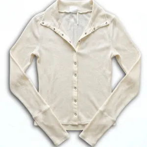 Out From Under Cream Ribbed Knit Snap Front Long Sleeve Top Spread Collar Off White Medium thumbnail 1