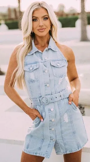 These Three Denim Halter Dress Blue thumbnail 1