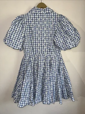 Anthropologie House of Harlow 1960 Blue Gingham Eyelet Puff Sleeve Dress 8 thumbnail 5