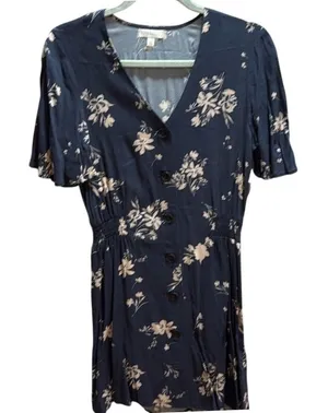 Abound Nordstrom Navy Blue Floral Button Front Smocked‎ Waist Mini Dress Small thumbnail 1