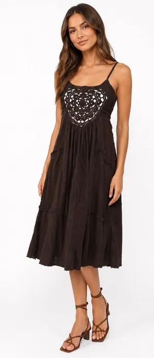 Free People Boho Lightweight Cotton Crochet Bodice Gauzy Dress in Brown Size XS thumbnail 1