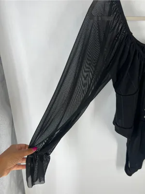 PrettyLittleThing Black Ribbed Mesh Sleeve‎ Bodysuit US 12 NWT thumbnail 3