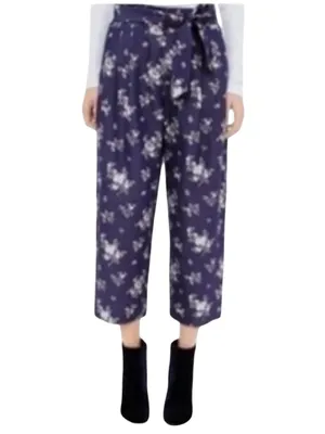 Club Monaco 2 Navy Floral wide leg cropped culottes Palazzo high-rise pleated thumbnail 4