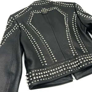 Genuine Leather Studded Crop Jacket Coat Blazer Cardigan Parka Slim Rhinestones thumbnail 12