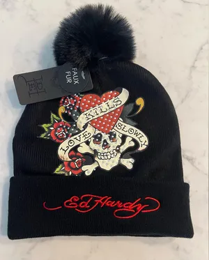 Ed Hardy Beanie Hat Set Love Kills Slowly Faux Fur Skull New thumbnail 1