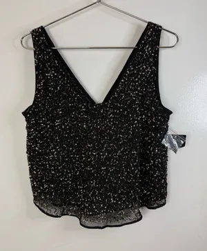 Zara nWT black sequin, beaded V-neck lined tank top blouse. M thumbnail 1
