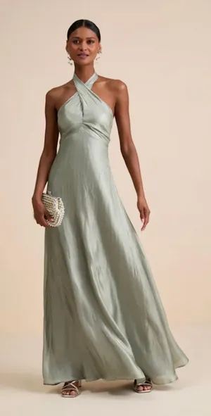 Lulus Canley Sage Satin Cross-Front Halter Maxi Dress thumbnail 1
