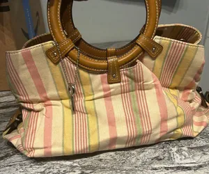 Vintage Fossil Striped Canvas hand Bag with Brown Handles thumbnail 1