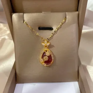 18K Gold Plated Red Crystal Flower Pendant Necklace for Women thumbnail 1