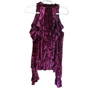 Umgee Top Womens Large Burgundy Crushed Velvet Ruffle Cold Shoulder Blouse thumbnail 5