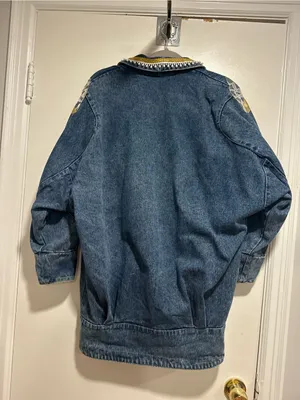 VTG 80s AFSY SzS Loose embellished denim coat gold metallic appliqué lace bead. thumbnail 2