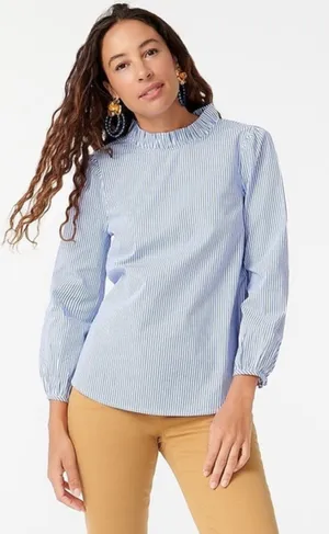 J.Crew Organic Cotton Long Sleeve Ruffleneck Top Stripe Blue Size‎ XS thumbnail 1