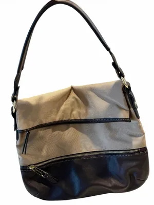 Vintage Franco Sarto Canvas Leather Fold Over Shoulder Bag in Beige/Dark Brown thumbnail 1