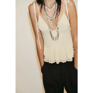 NWT Zara Tan Smocked Tie Straps Lace Trim Top Size Medium 0881/010 thumbnail 3