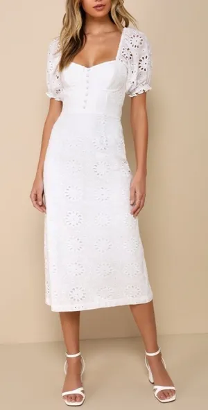 Lulu’s White Eyelet Puff Sleeve Cottagecore Midi Dress Women’s Size XS thumbnail 1