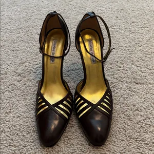 Charles David Dark Brown Stiletto Heels, Caged Design OnToe And Ankle Strap. thumbnail 2