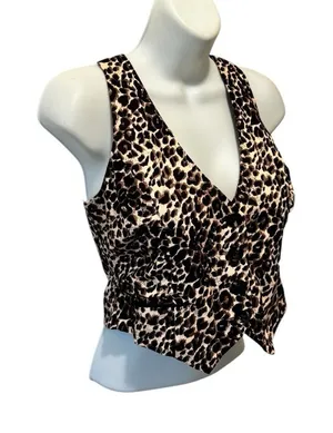 Y2K Cropped Button Front Halter Vest Top Sz M Leopard Animal Print Mob Wife thumbnail 1
