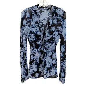 Free People Lucky Shirtee Top Womens S Blue Floral Sheer Ruched Boho Y2K Indie thumbnail 2