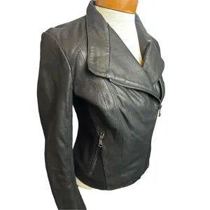 Women's S Andrew Marc New York Womens Black Leather Off Center Zip Jacket Coat p thumbnail 6