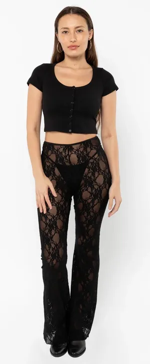 Los Angeles Apparel Black Floral Lace Flare Pants Leggings thumbnail 1