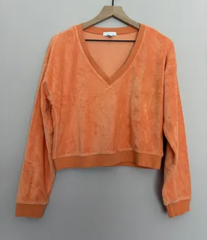 Beyond Yoga Tropez Orange V Neck Terry Pullover Small thumbnail 1