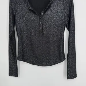 Anthropologie Pilcro Andie Ribbed Spotlight Henley Small Black Metallic Long Sleeve Goth Party thumbnail 6