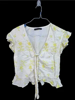 Abercrombie & Fitch White Tie-Front Top with Yellow Floral Embroidery thumbnail 2