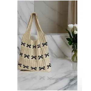 Zenana Coquette Bow Knit Tote Bag Crochet Ribbon Shoulder Bag thumbnail 4