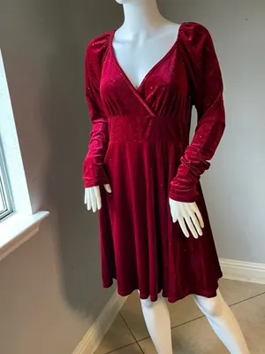 Velvet Wrap-Style Long Sleeve Dress in Deep Wine thumbnail 3
