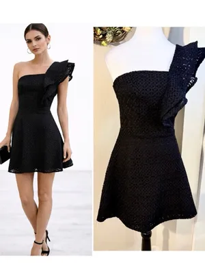 SHILLA The Label One Shoulder Ruffle Lace Mini Dress Black Fit Flare XS💛 thumbnail 2